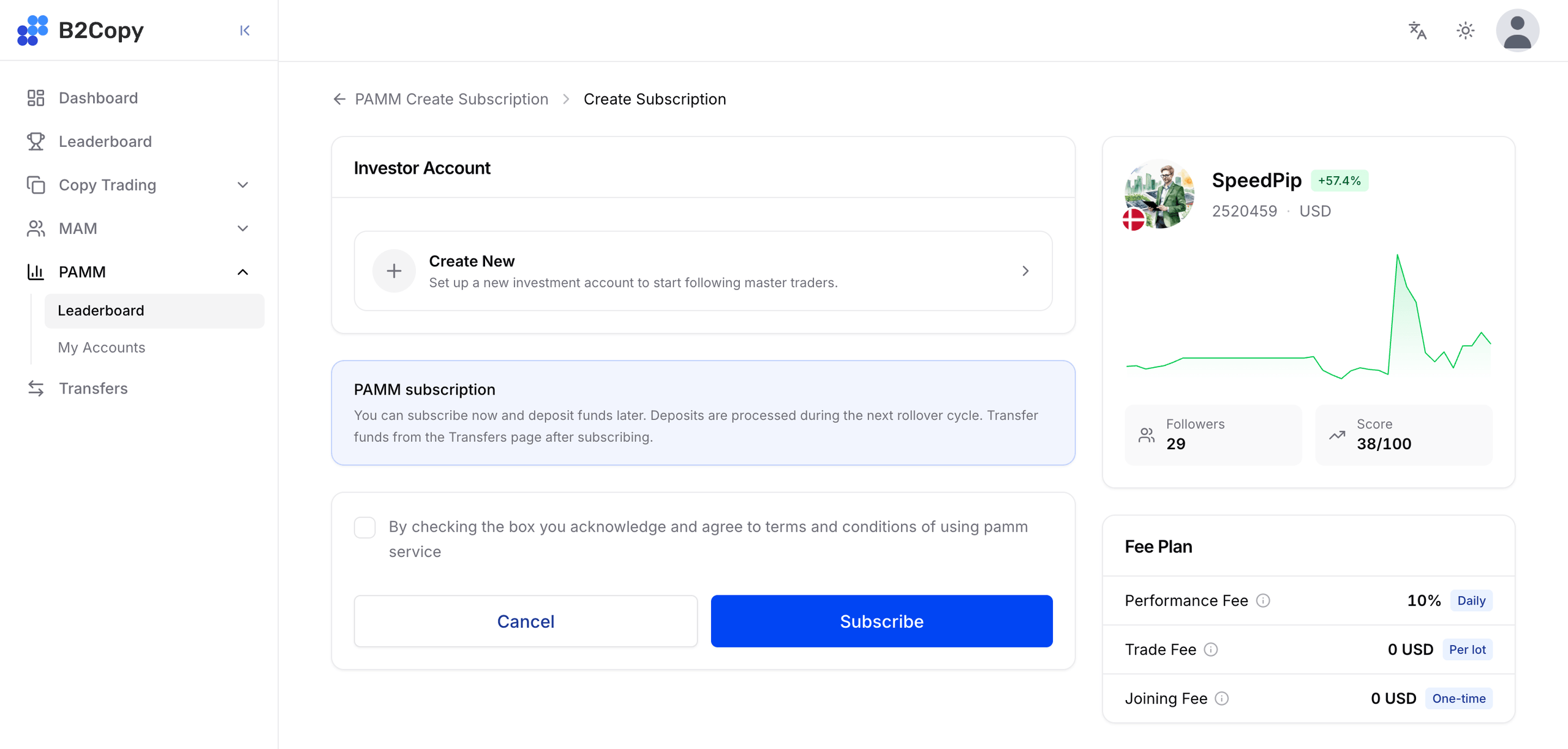 PAMM Create Subscription स्क्रीन जिसमें Create New account विकल्प और PAMM फ़ी प्लान हैं