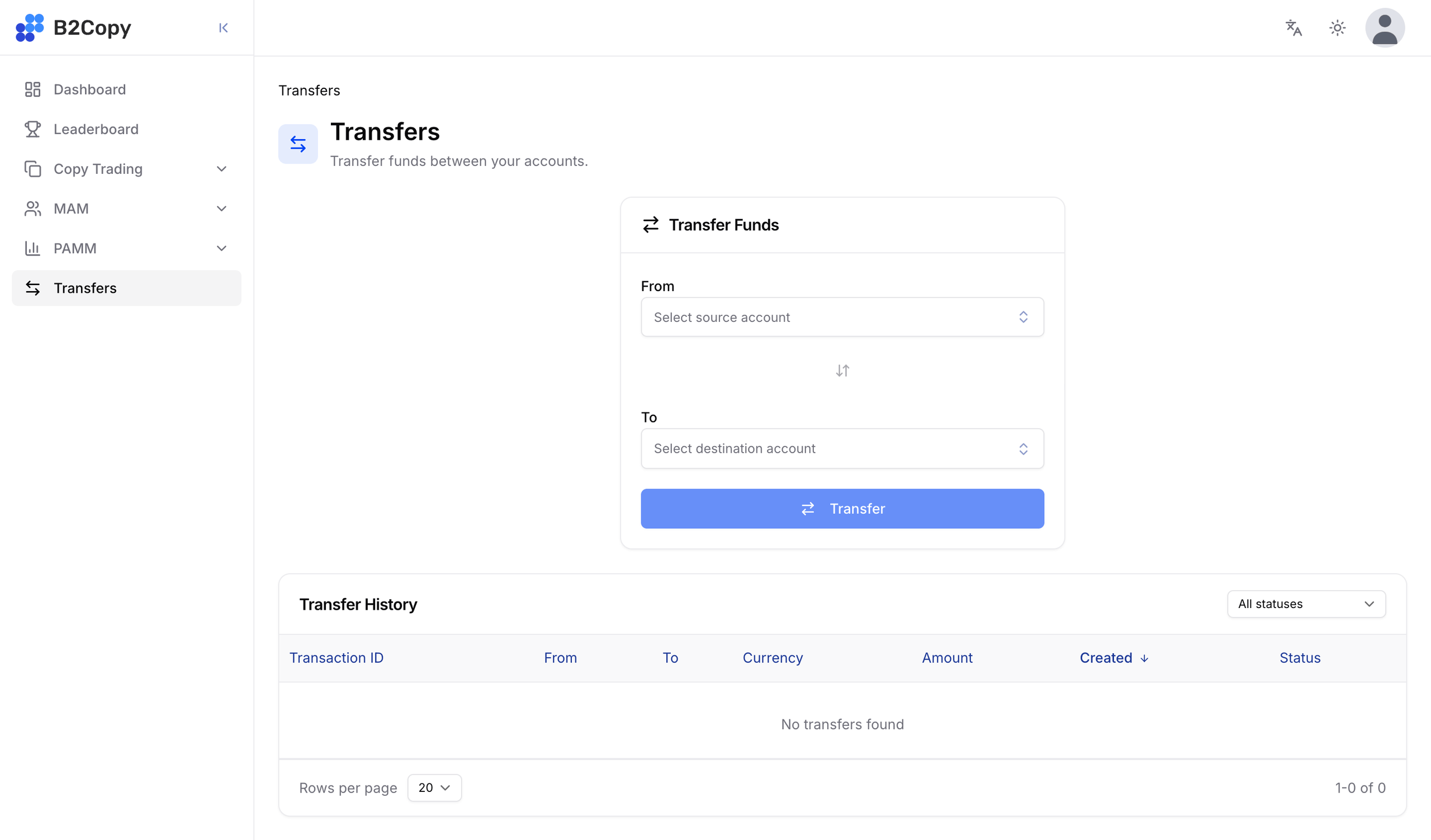 Transfers पेज जिसमें From, To और Transfer बटन हैं, साथ में ट्रांसफ़र इतिहास तालिका